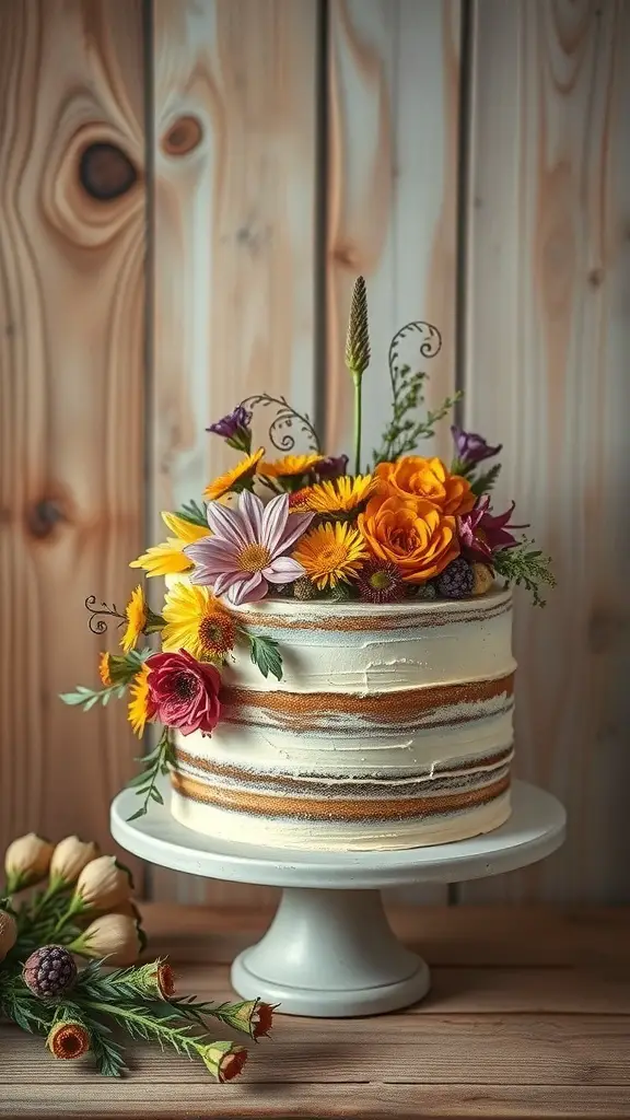 A beautifully decorated Wildflower Cake with colorful flowers on top.