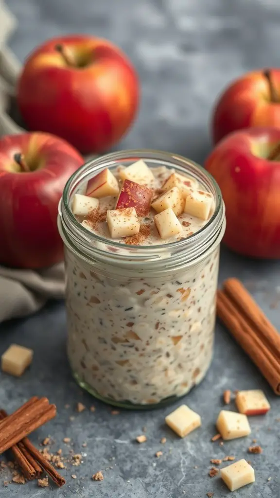 A jar of apple cinnamon overnight oats topped with apple chunks and cinnamon, surrounded by red apples and cinnamon sticks.