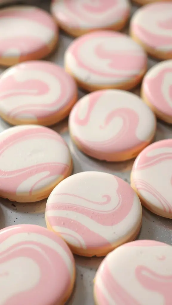 Marbled pink and white sugar cookies arranged on a tray