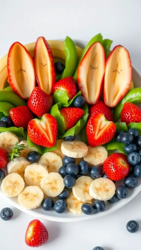 A colorful plate of fruit arranged to look like bunny faces, featuring strawberries, bananas, and blueberries.
