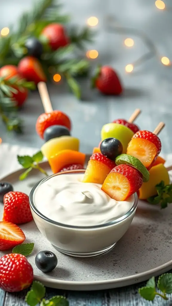Colorful fruit skewers with a bowl of yogurt dip on a plate, surrounded by fresh fruits.