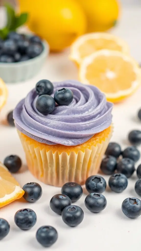 A lemon blueberry cupcake with purple frosting and fresh blueberries on top, surrounded by lemons and blueberries.