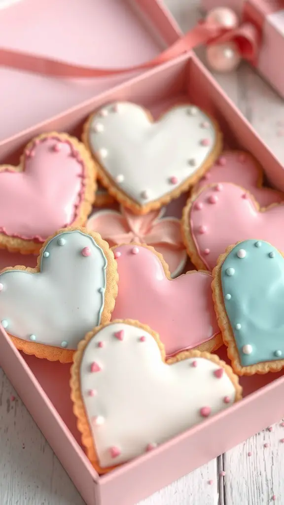 A pink box filled with heart-shaped cookies decorated in pastel colors.