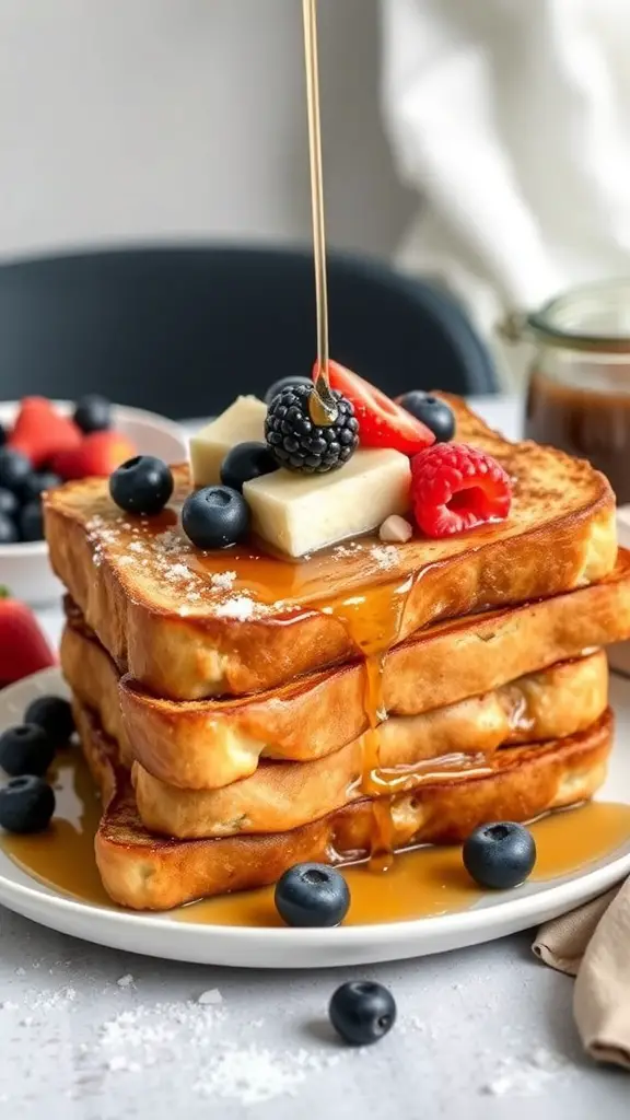 A stack of vegan French toast topped with berries and maple syrup.