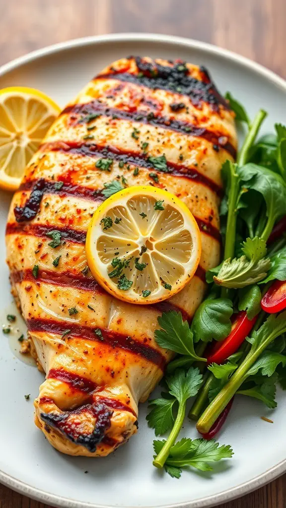 Grilled chicken breast garnished with lemon slices and fresh herbs on a plate.