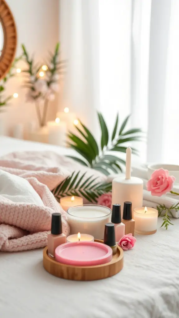 A cozy spa setup with candles, nail polish, and a soft blanket.