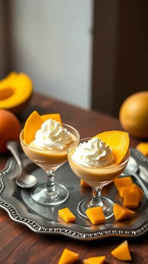 Two mango mousse cups topped with whipped cream and mango slices, placed on a silver tray with mango pieces around.