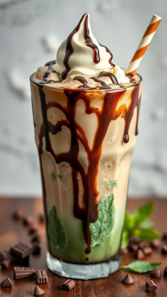 A Mint Chocolate Stout Float in a tall glass with whipped cream and chocolate syrup