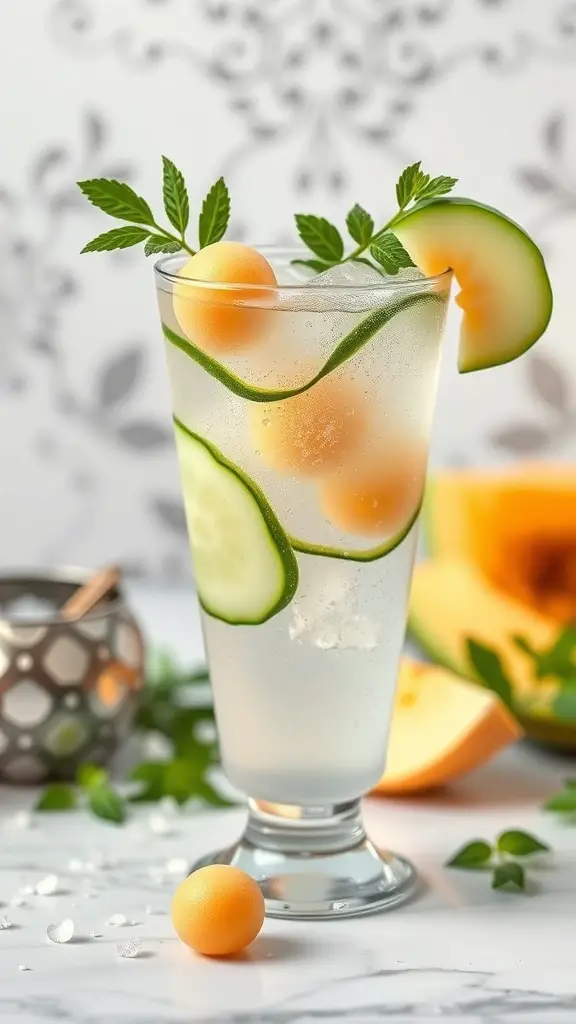 A refreshing Cucumber Melon Fizz mocktail with cucumber slices and melon balls garnished with mint leaves.