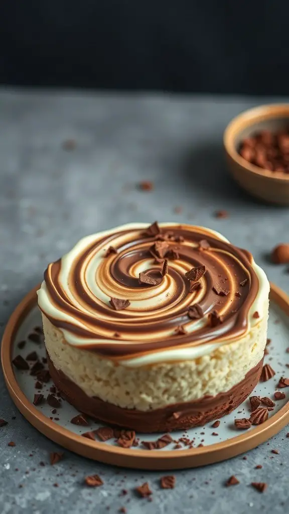 A beautifully swirled Nutella bento cake on a plate, garnished with chocolate shavings.