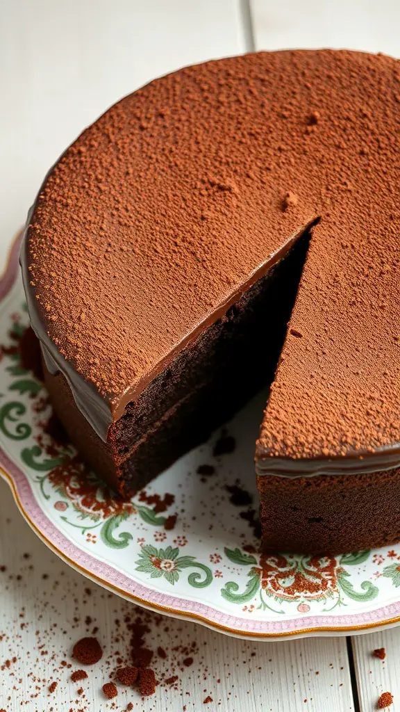 A beautifully presented flourless chocolate cake with a slice cut out, showcasing its rich texture.