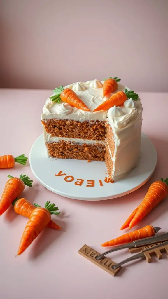 A beautifully decorated carrot cake with cream cheese frosting and small carrot decorations on top, placed on a white plate.