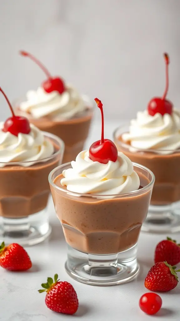 Four chocolate mousse cups topped with whipped cream and cherries, with strawberries placed around them.