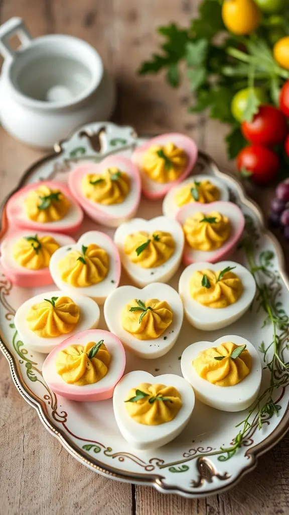 A platter of heart-shaped deviled eggs with yellow filling and garnished with herbs.