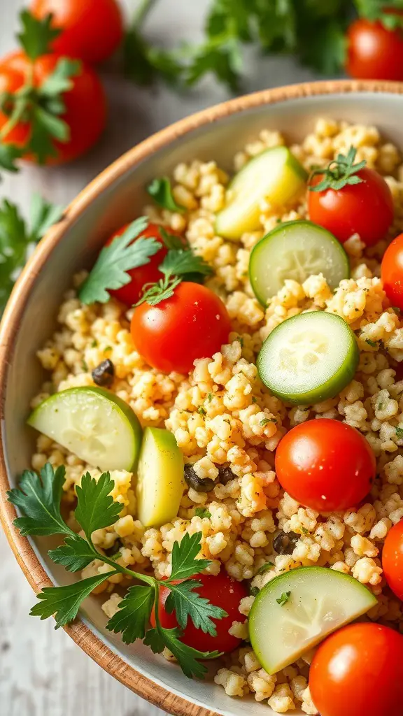A bowl of herbed couscous salad with cherry tomatoes, cucumbers, and parsley.