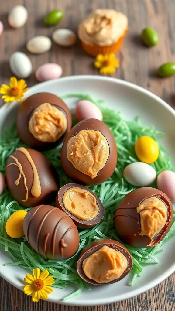 A plate of peanut butter chocolate eggs surrounded by colorful candy eggs and decorative grass.