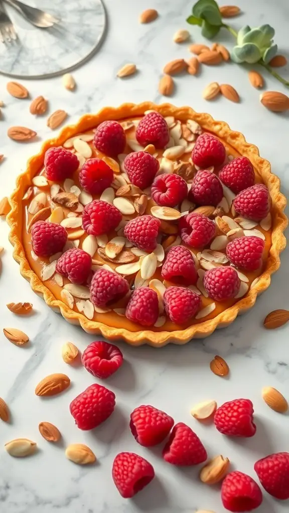 A Raspberry Almond Tart topped with fresh raspberries and slivered almonds, surrounded by scattered almonds on a marble surface.