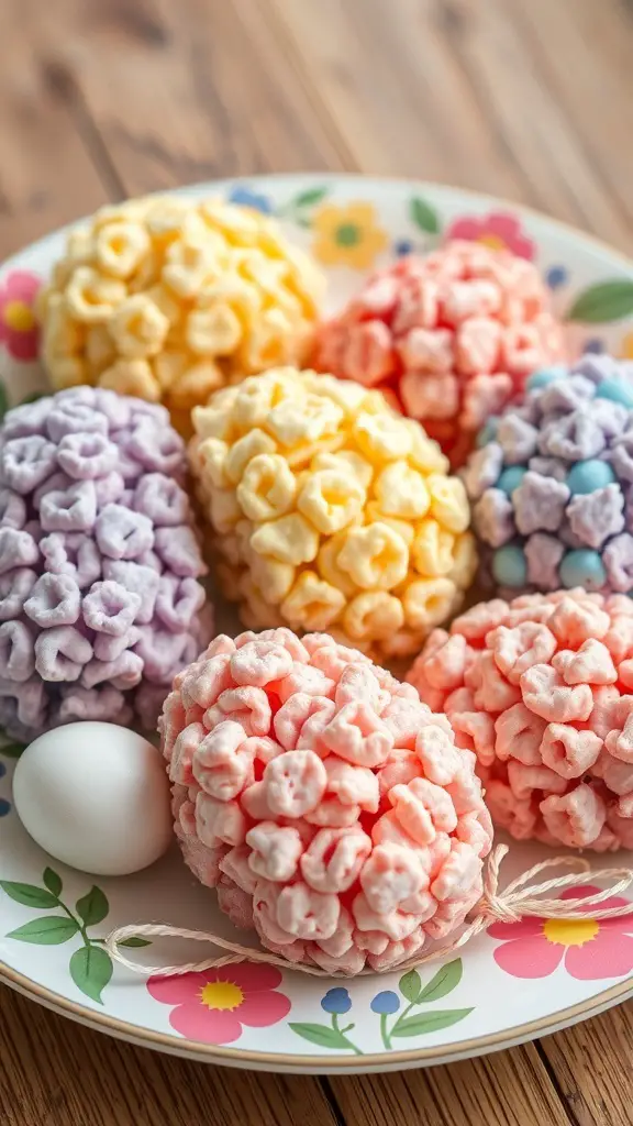 Colorful Easter Egg Rice Krispie Treats on a floral plate