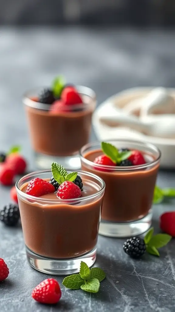 Chocolate mousse cups topped with berries and mint leaves