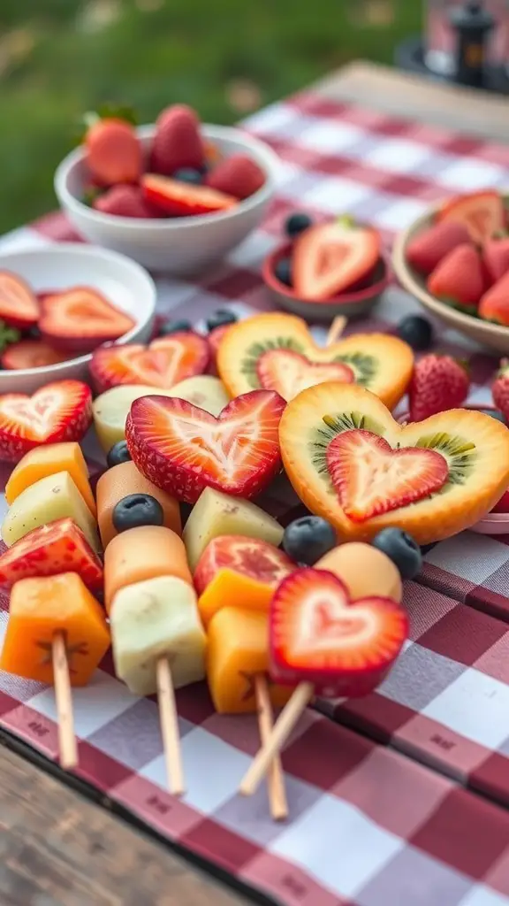 Colorful heart-shaped fruit kebabs on skewers with strawberries, melons, and blueberries.
