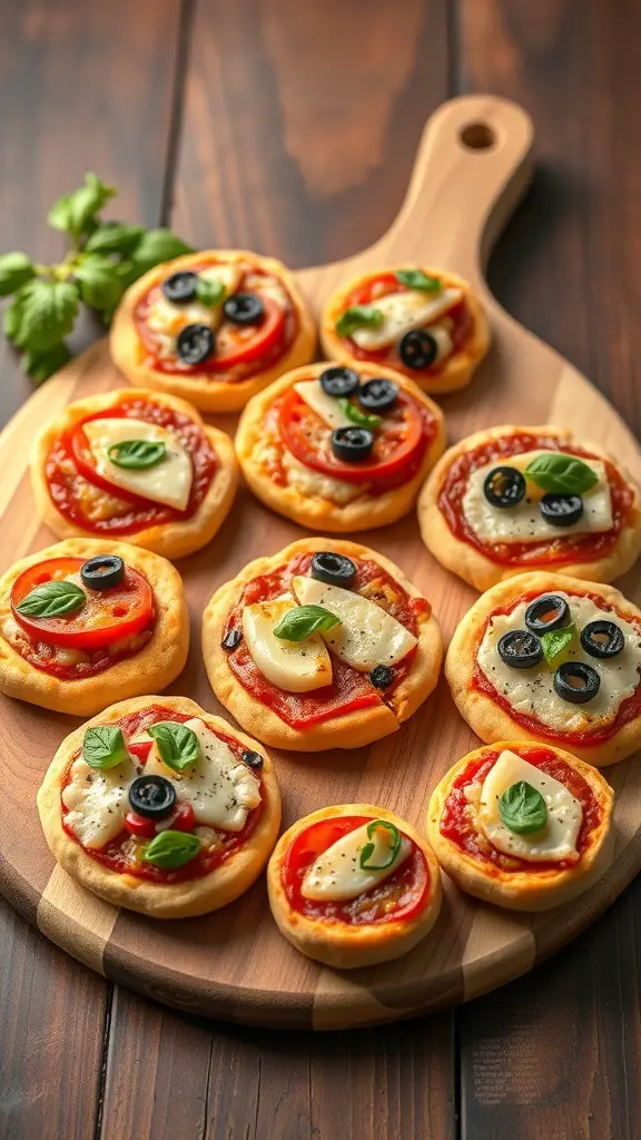 A wooden platter with mini pizzas topped with cheese, olives, and basil.