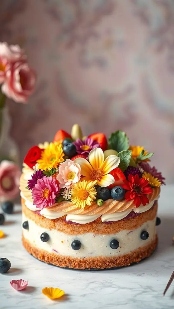 A bento cake decorated with colorful flowers and fresh fruits, showcasing a fruity floral garden theme.