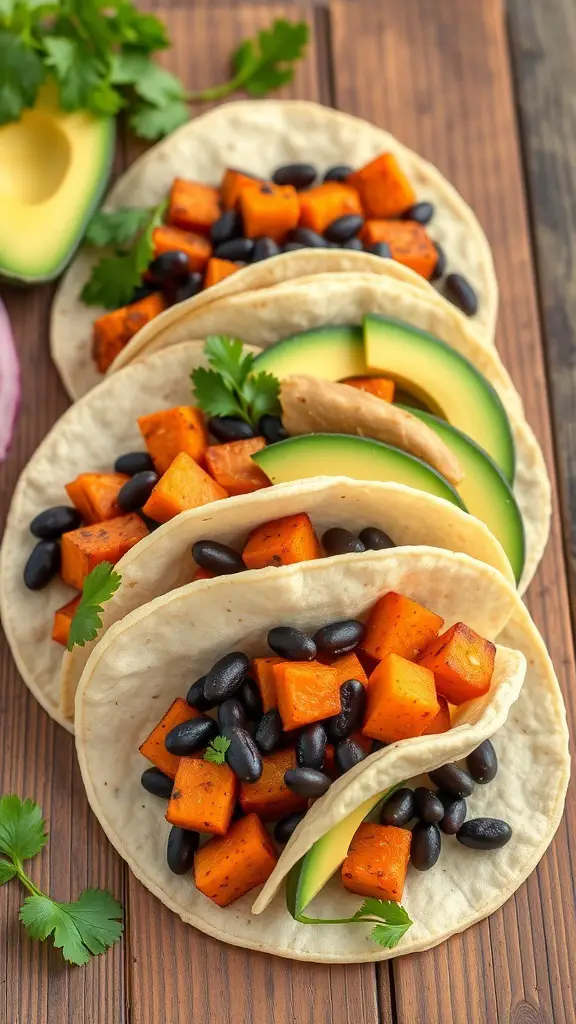 Sweet potato and black bean tacos with avocado slices and cilantro on a wooden surface.