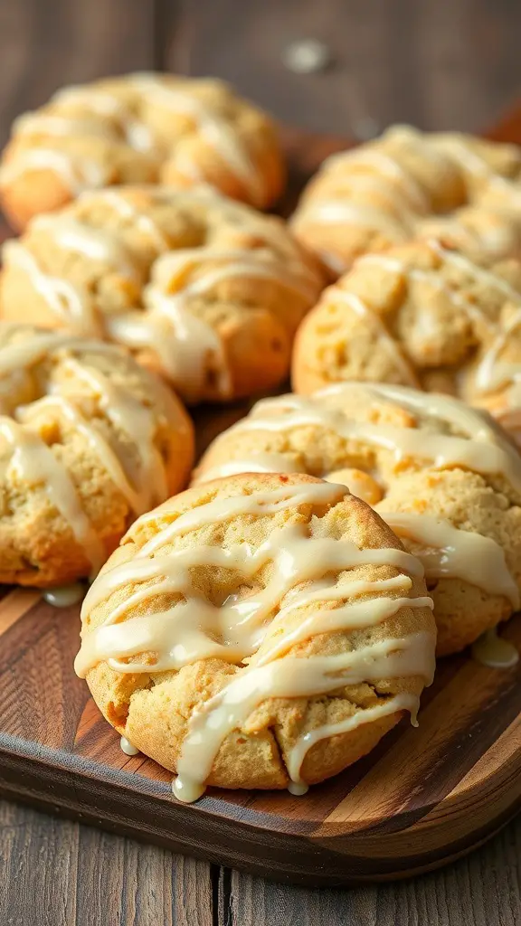 A close-up of soda bread cookies drizzled with honey glaze on a wooden platter.