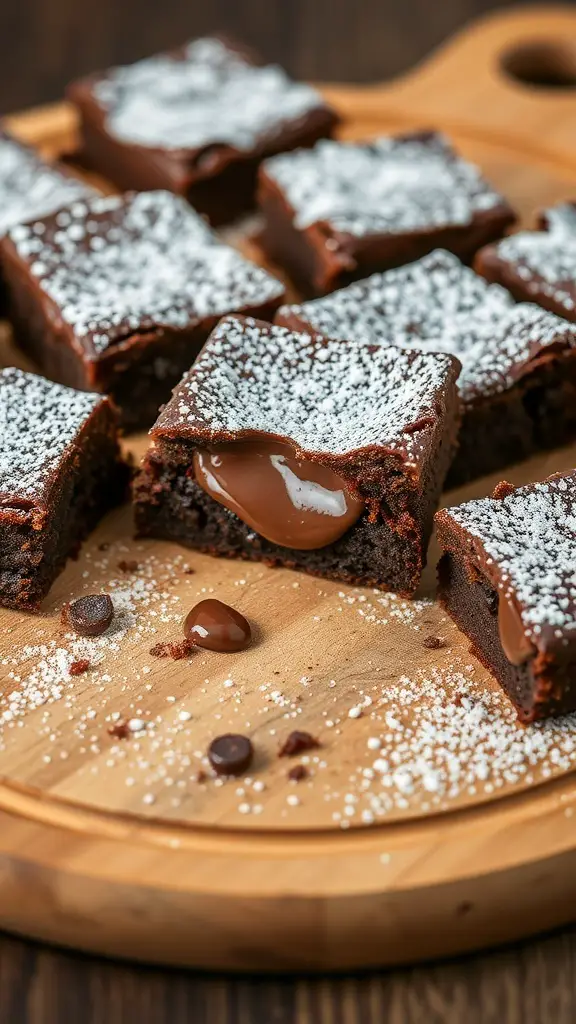 Nutella-stuffed brownies on a wooden board, dusted with powdered sugar.