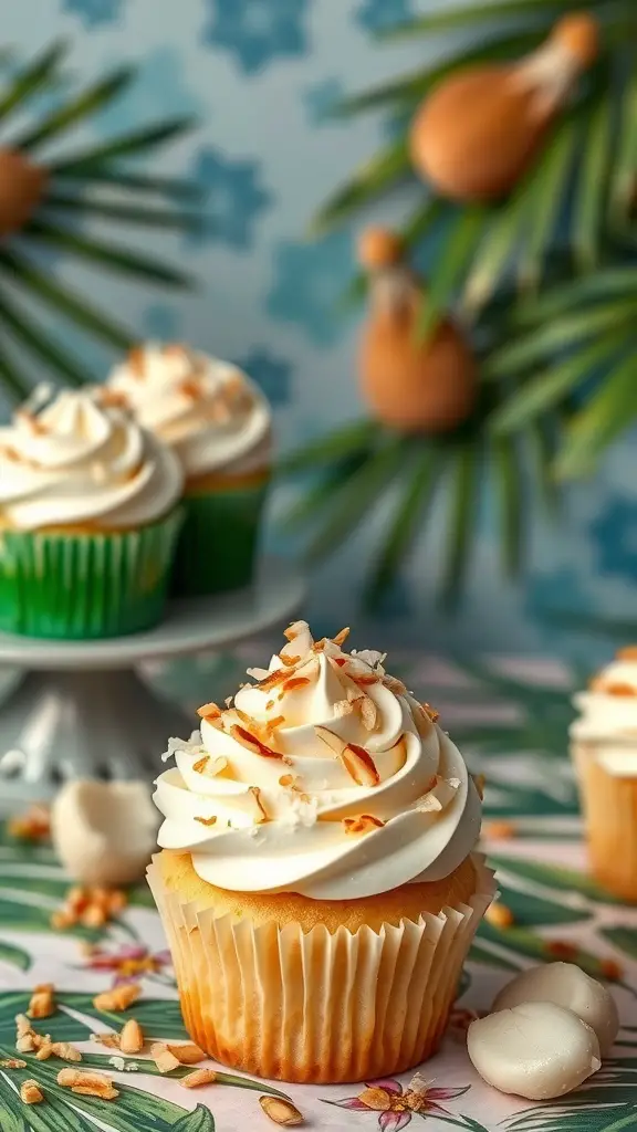 Coconut cream cupcakes with frosting and toasted coconut on top, surrounded by tropical decorations