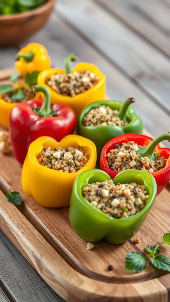 Colorful heart-shaped stuffed peppers on a wooden platter