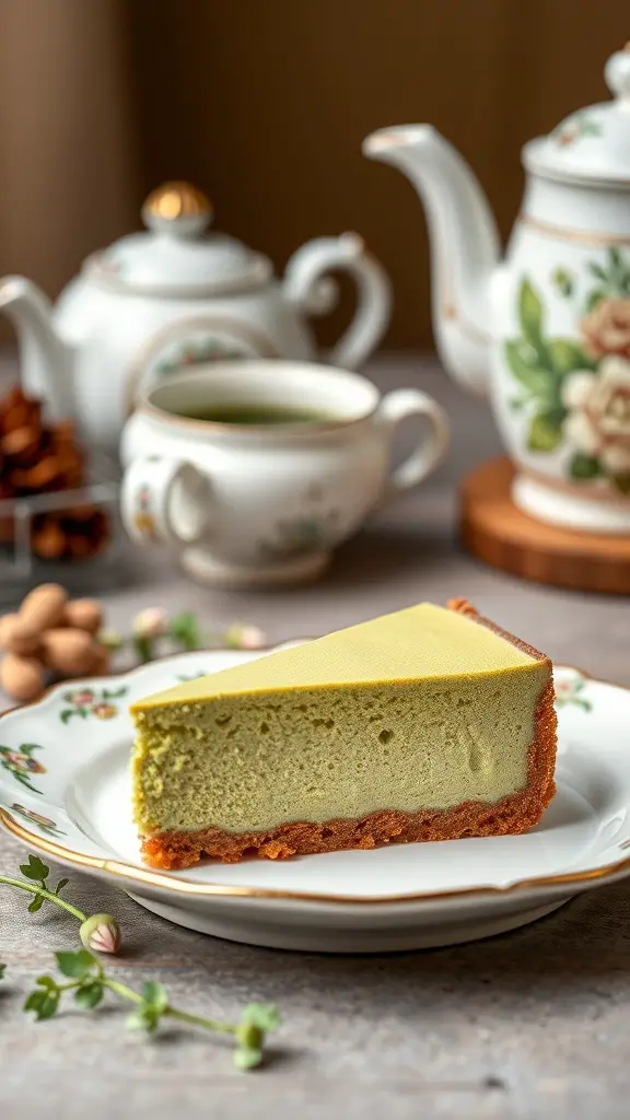 A slice of matcha green tea cheesecake on a floral plate with a teapot and cup in the background.