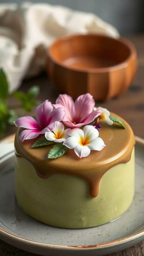 A matcha green tea bento cake topped with flowers and caramel drizzle