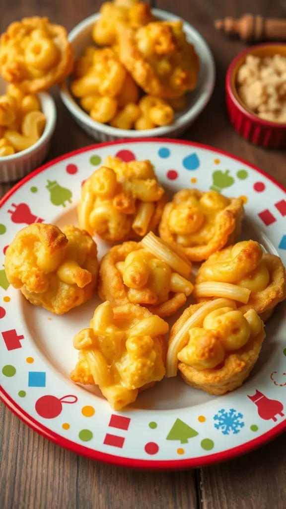 A plate of cheesy mac and cheese bites, golden and crispy, surrounded by bowls of extra mac and cheese.