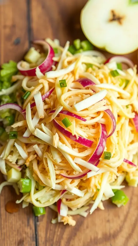 A colorful cabbage and apple slaw with green onions and red apple slices on a wooden table.