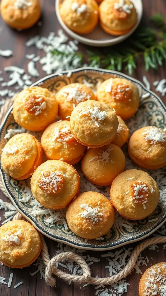 A platter of coconut macaroons topped with shredded coconut.