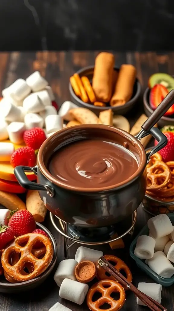A pot of melted chocolate surrounded by various dippables like strawberries, pretzels, and marshmallows.