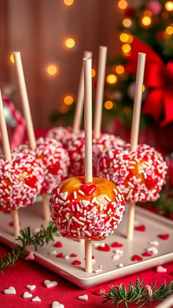 Caramel apple pops decorated with heart sprinkles on a festive table