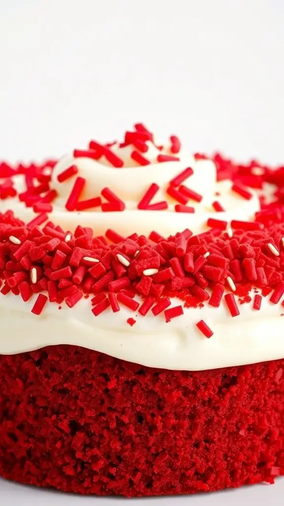 A close-up of a red velvet cake topped with cream cheese frosting and red sprinkles.