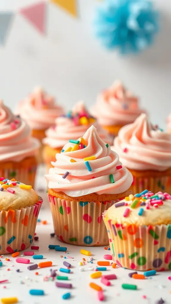 Colorful Funfetti cupcakes with pink frosting and sprinkles