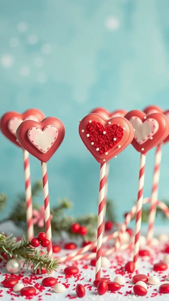 Heart-shaped cake pops decorated with red and pink sprinkles on striped sticks