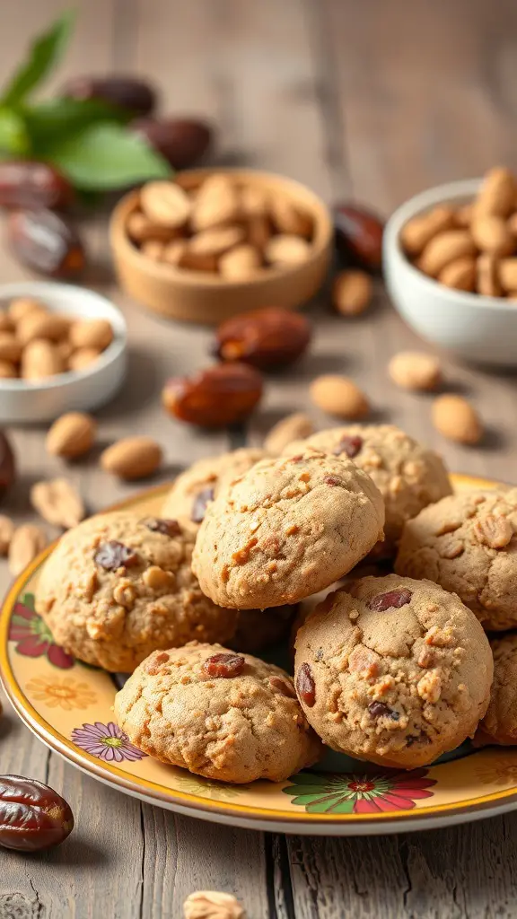 A plate of nutty date cookies surrounded by almonds and dates on a wooden table.