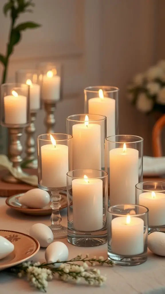 A collection of white candles in various glass holders, arranged elegantly on a table with decorative eggs and flowers.