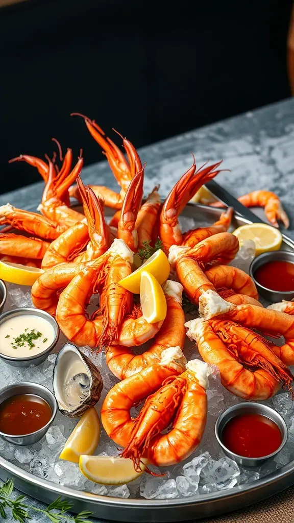 A seafood platter featuring vibrant shrimp, lemon wedges, and various dipping sauces on ice.