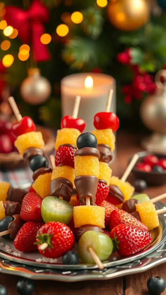 Colorful chocolate dipped fruit skewers with strawberries, pineapple, green grapes, and blueberries