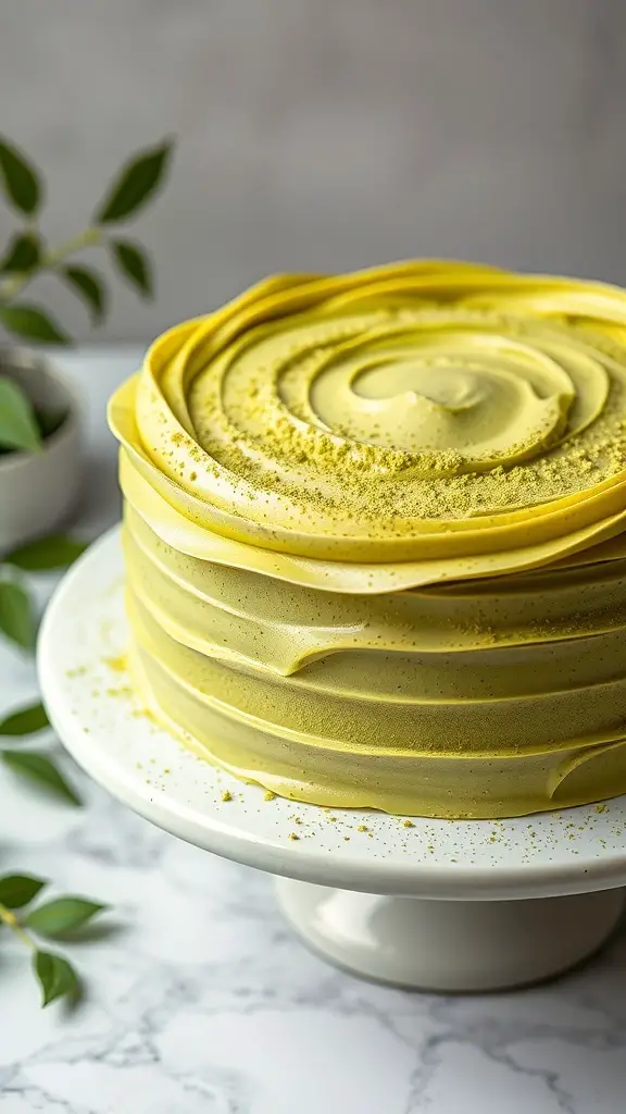 A beautifully decorated matcha green tea cake with swirls of frosting