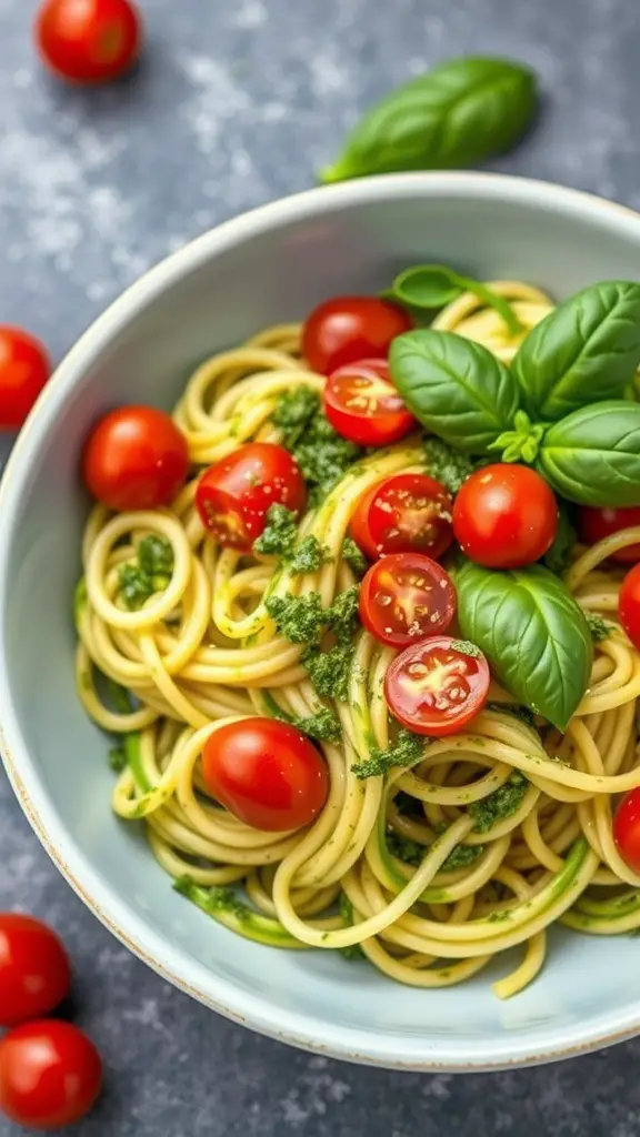 A bowl of zucchini noodles with pesto sauce, cherry tomatoes, and fresh basil.