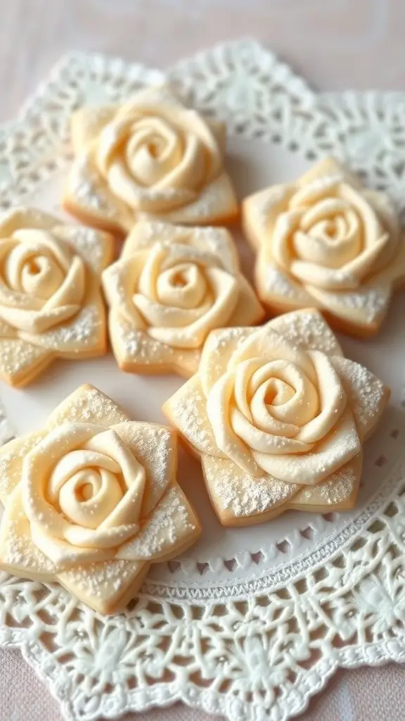 A plate of beautifully decorated rose petal sugar cookies shaped like roses.