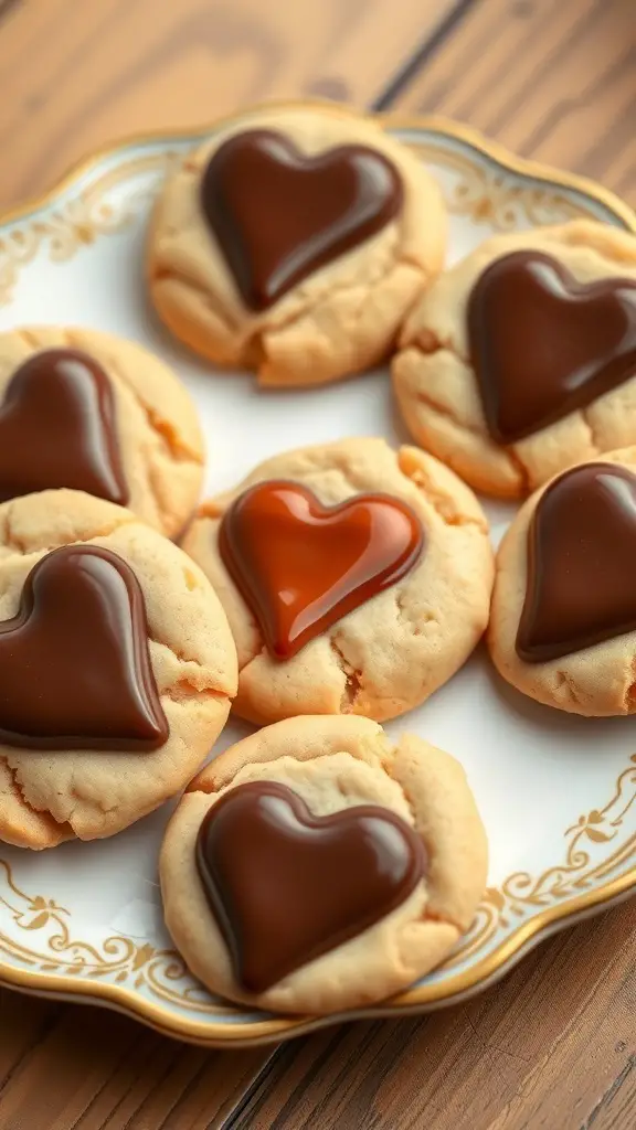 A plate of peanut butter sugar cookies topped with chocolate hearts