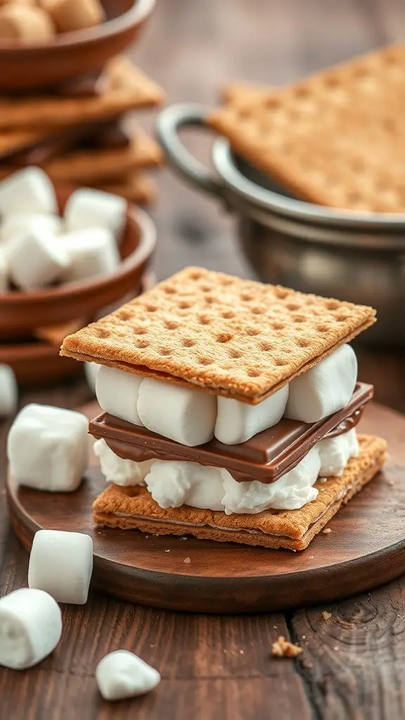 A close-up of a s'more made with graham crackers, chocolate, and marshmallows, with Peeps in the background.